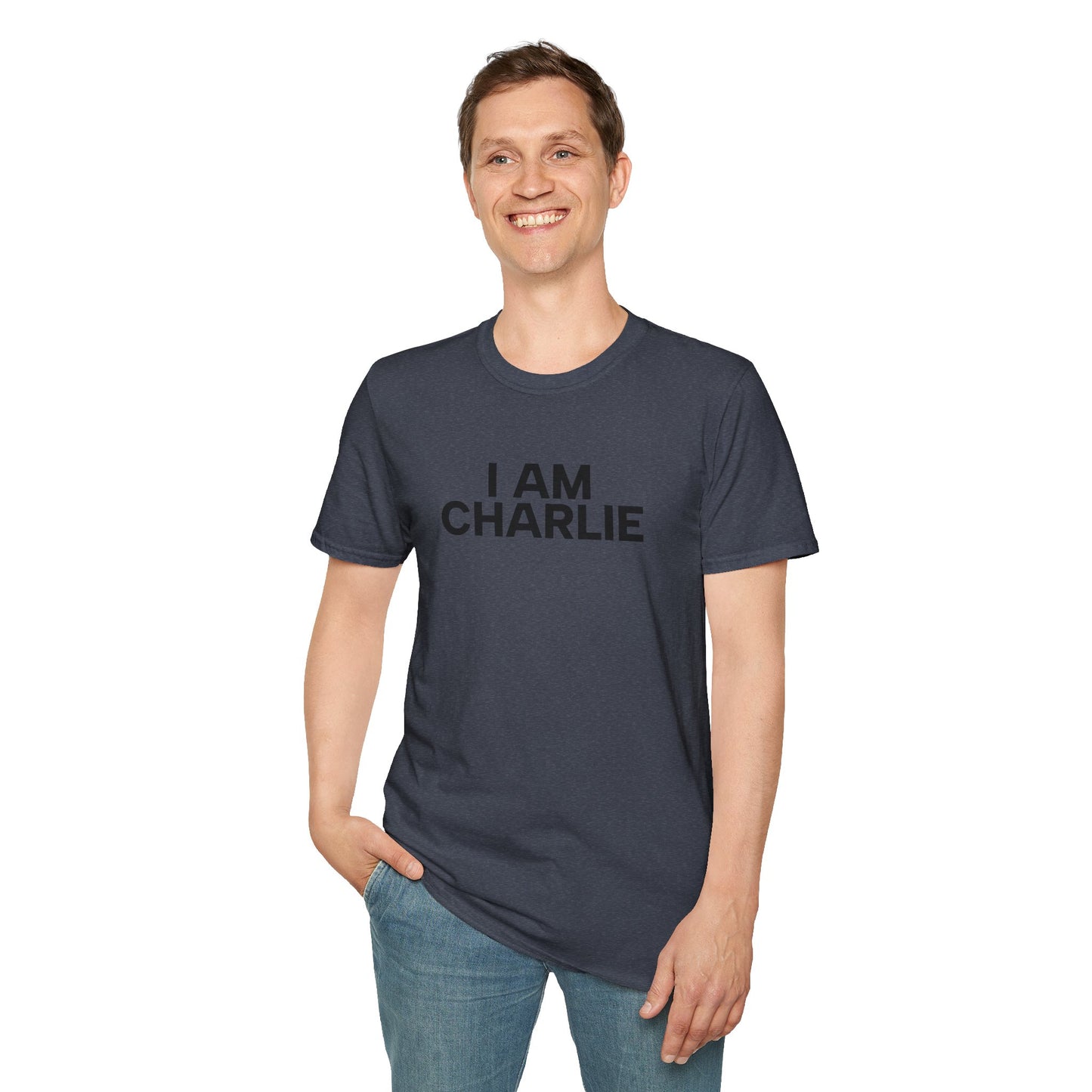 I AM CHARLIE Black Font Unisex Softstyle T-Shirt