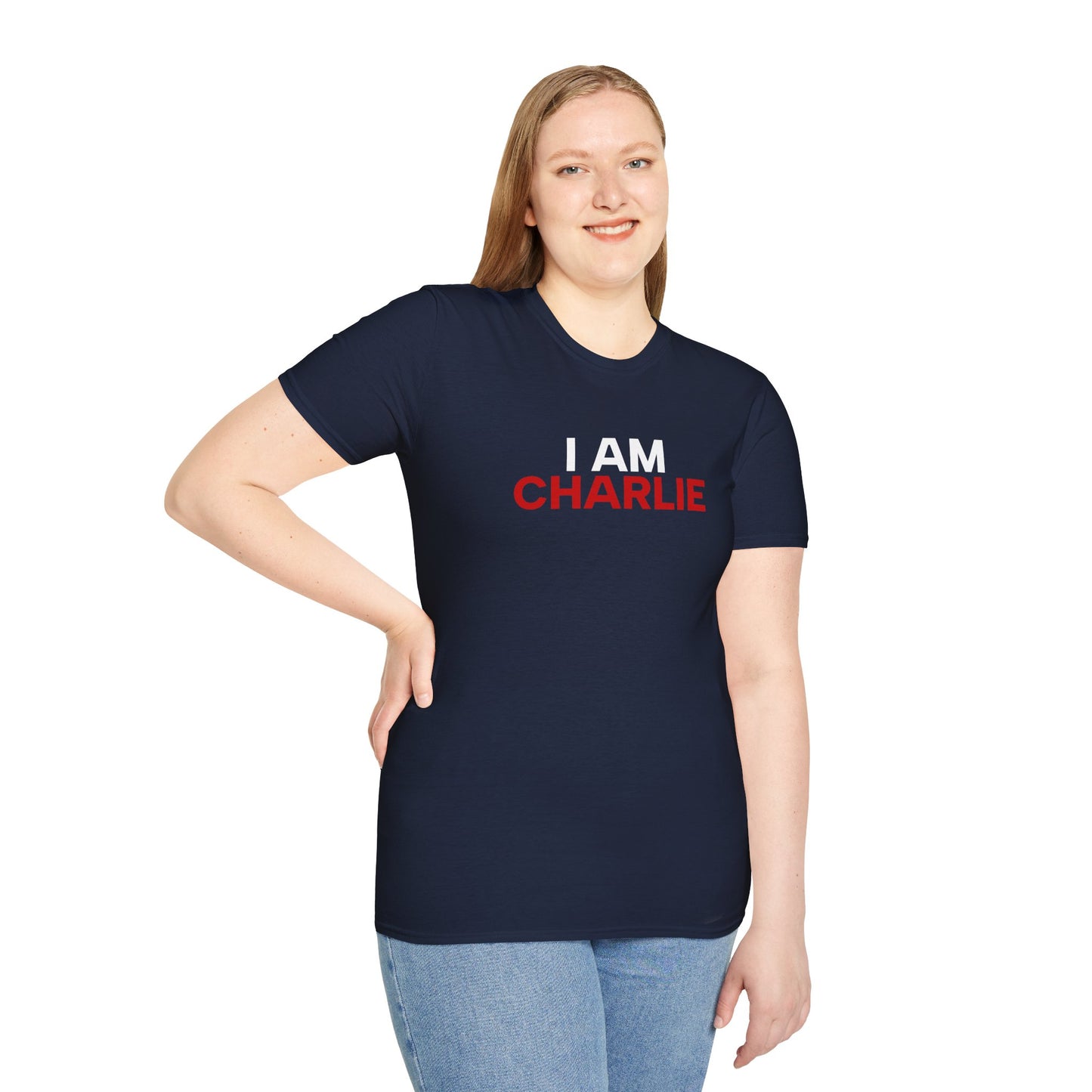 I AM CHARLIE Blue w/ White & Red Unisex Softstyle T-Shirt