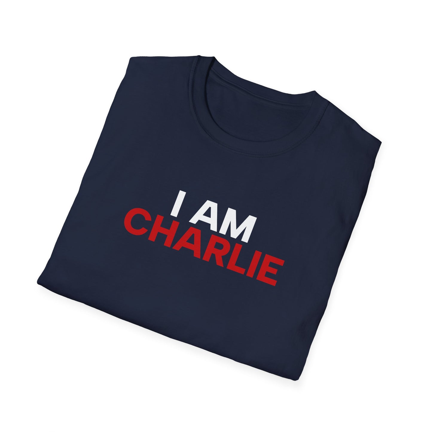 I AM CHARLIE Blue w/ White & Red Unisex Softstyle T-Shirt
