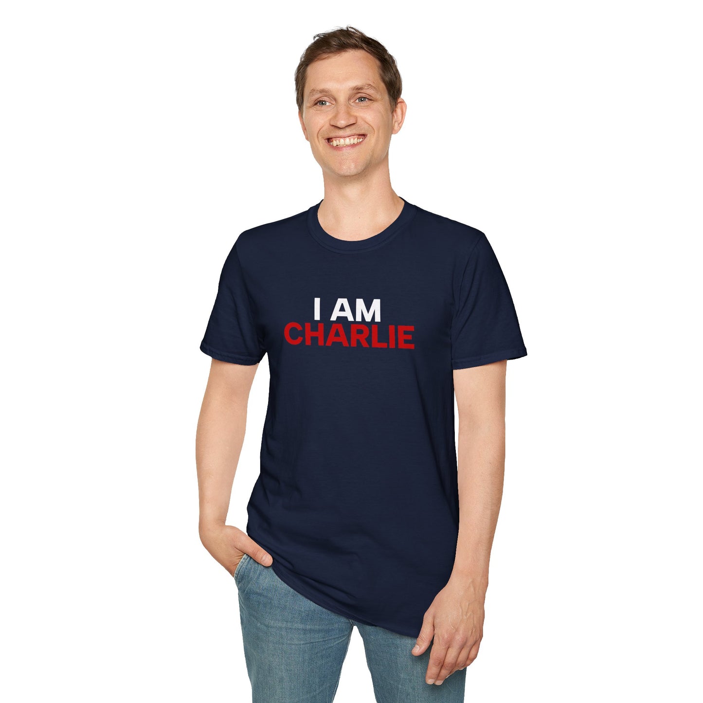 I AM CHARLIE Blue w/ White & Red Unisex Softstyle T-Shirt