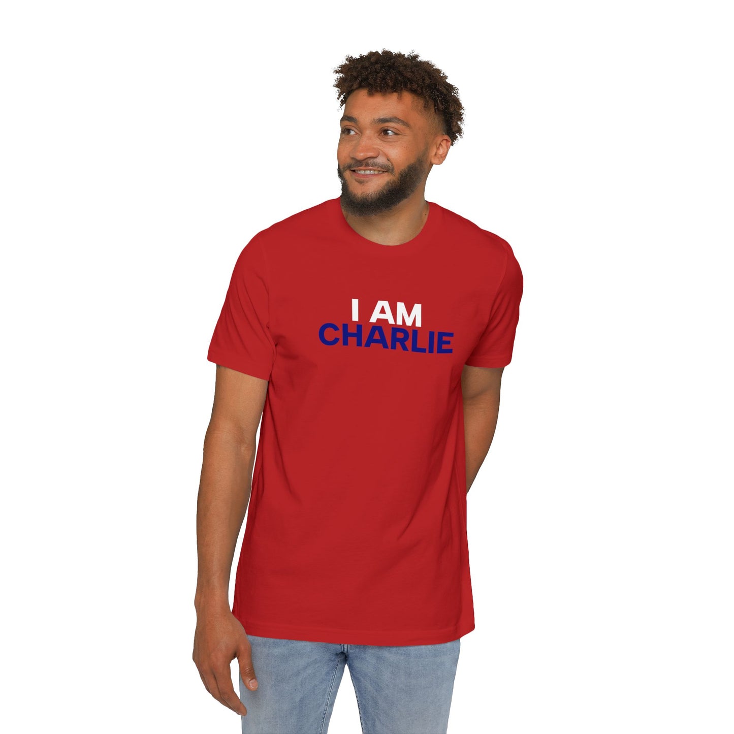Made In USA I AM CHARLIE Red w/ White & Blue Font Unisex T-Shirt