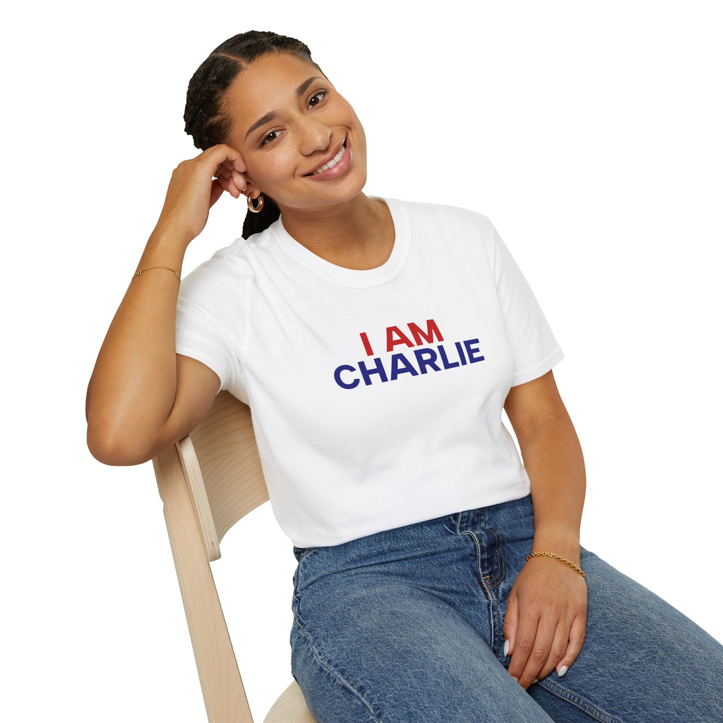 I AM CHARLIE White w/ Red & Blue Unisex Softstyle T-Shirt