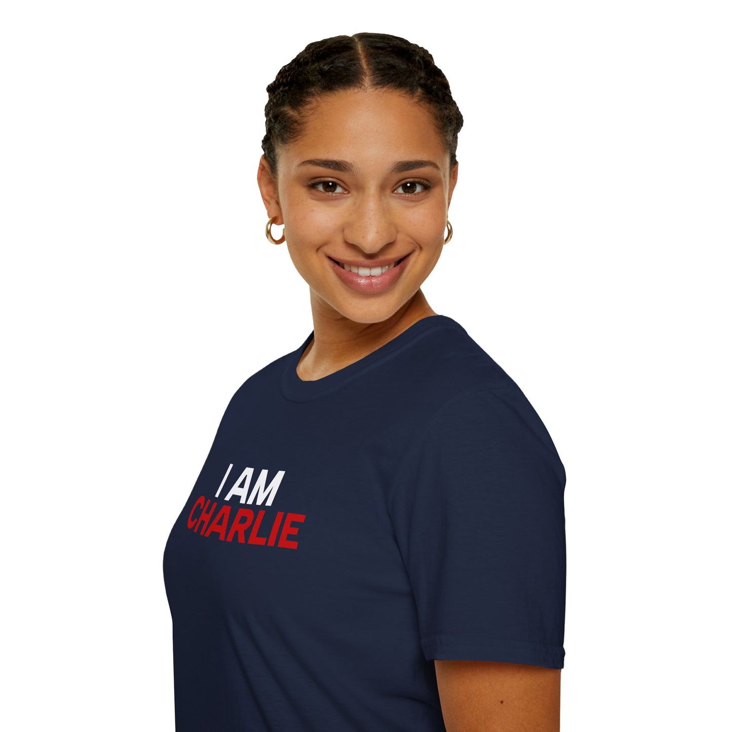 I AM CHARLIE Blue w/ White & Red Unisex Softstyle T-Shirt