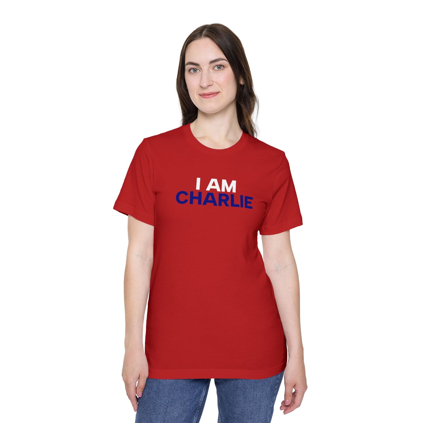 Made In USA I AM CHARLIE Red w/ White & Blue Font Unisex T-Shirt