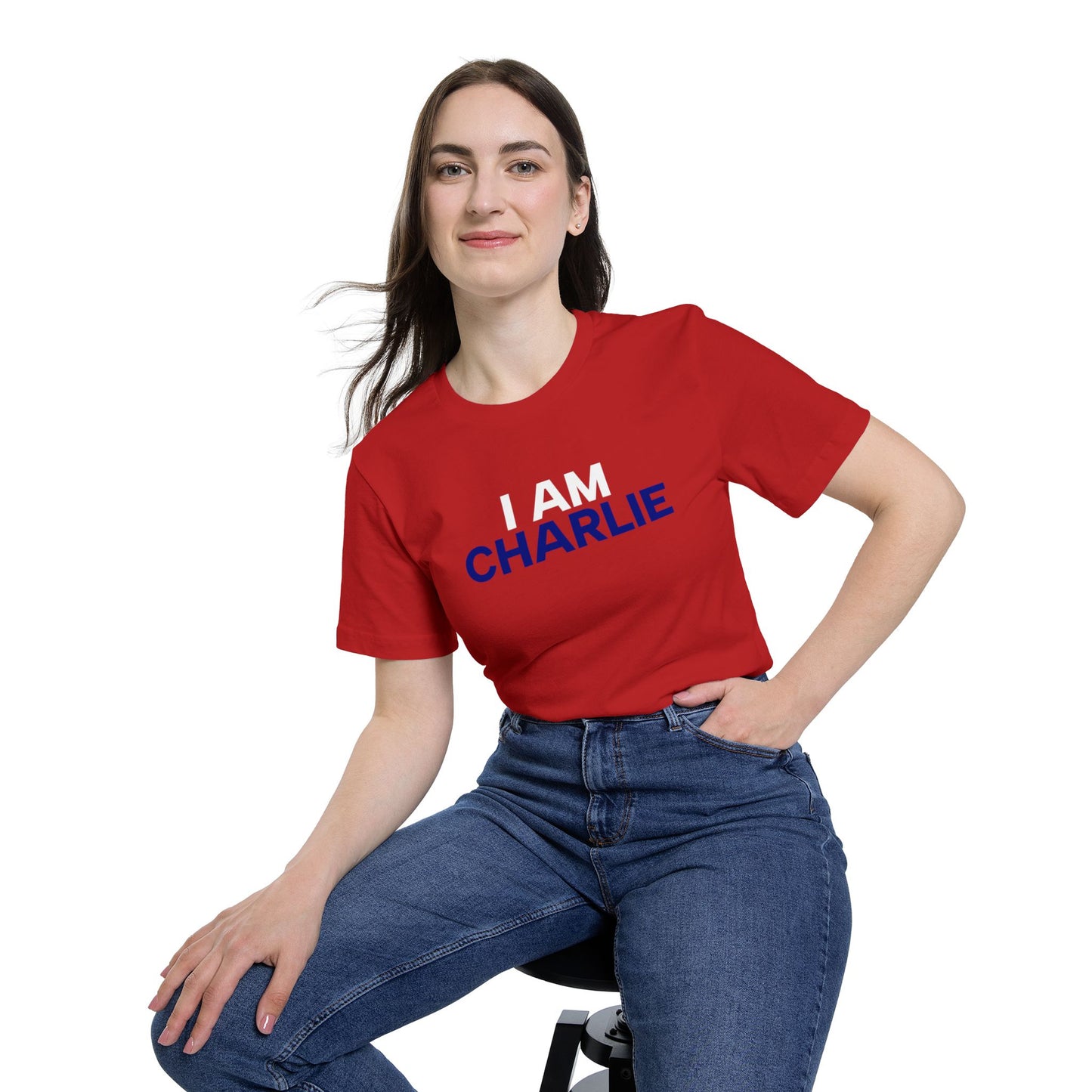 Made In USA I AM CHARLIE Red w/ White & Blue Font Unisex T-Shirt