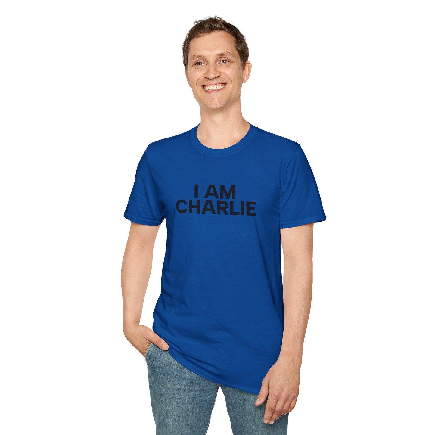 I AM CHARLIE Black Font Unisex Softstyle T-Shirt