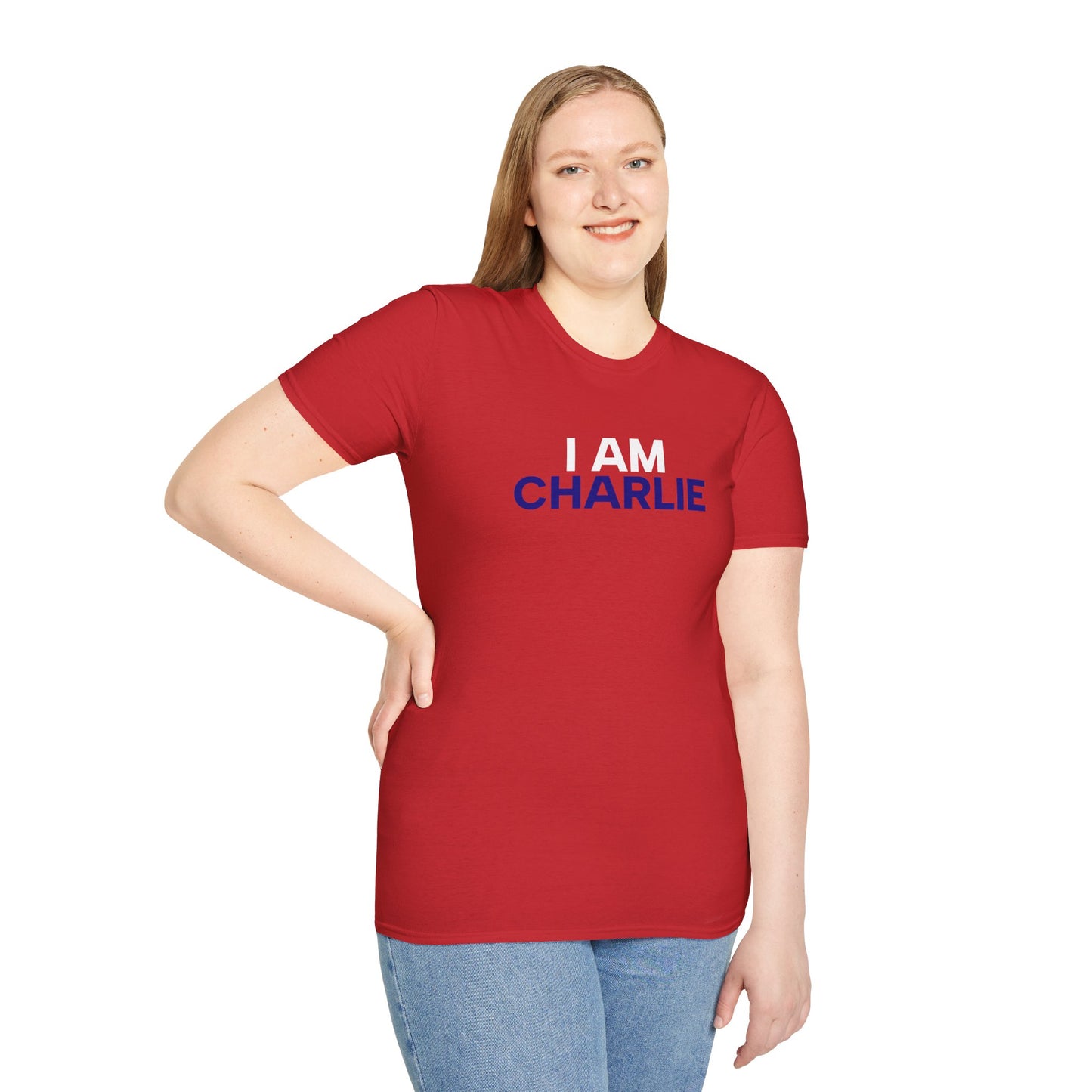 I AM CHARLIE Red w/ White & Blue Unisex Softstyle T-Shirt