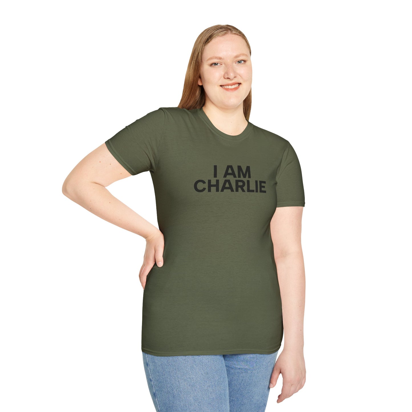 I AM CHARLIE Black Font Unisex Softstyle T-Shirt