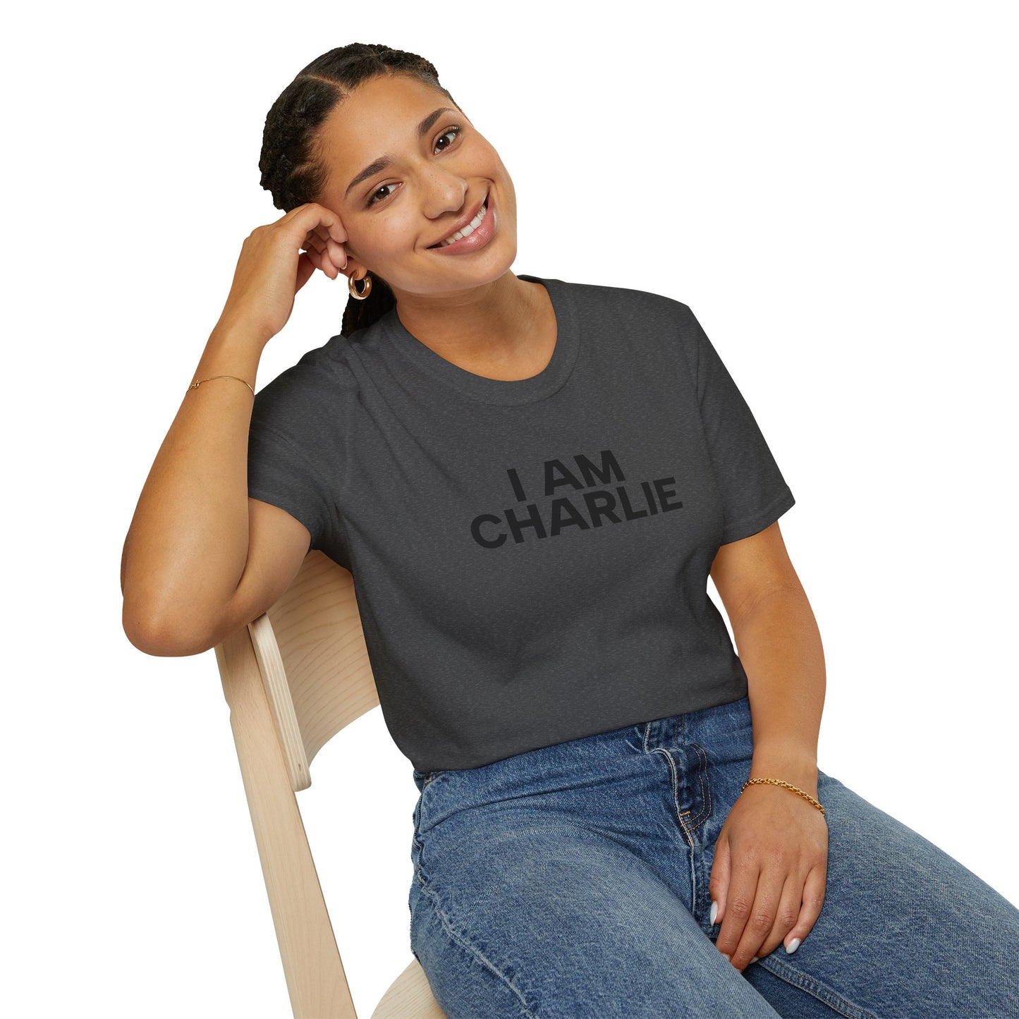 I AM CHARLIE Black Font Unisex Softstyle T-Shirt