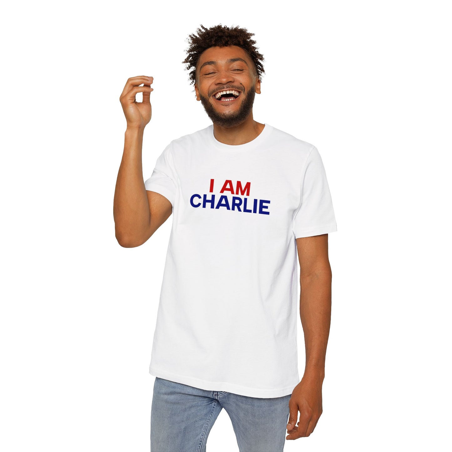 Made In USA I AM CHARLIE White w/ Red & Blue Font Unisex T-Shirt