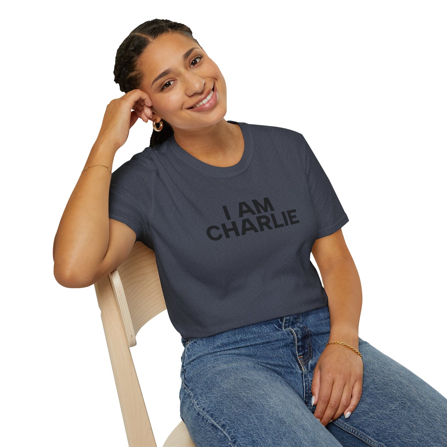 I AM CHARLIE Black Font Unisex Softstyle T-Shirt