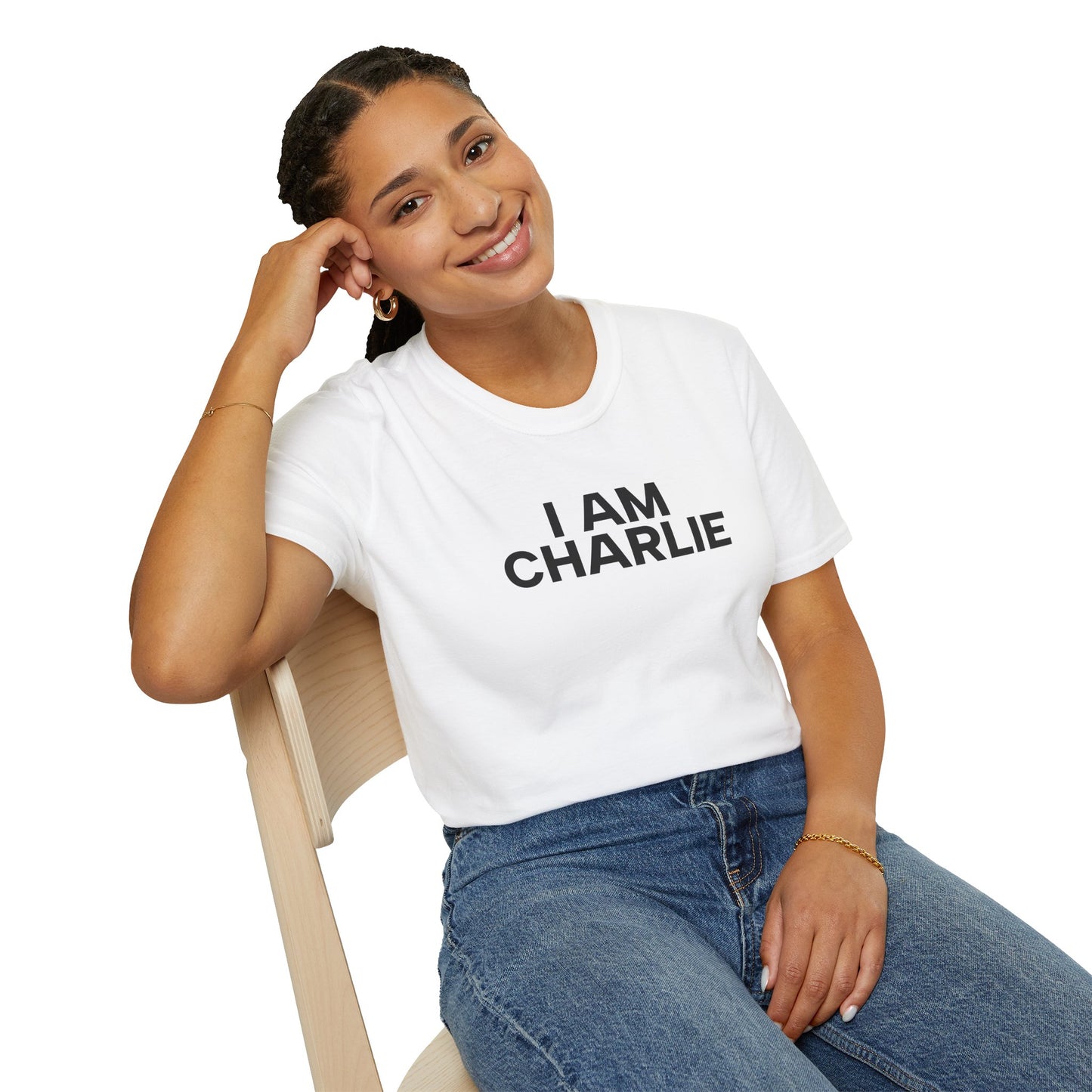 I AM CHARLIE Black Font Unisex Softstyle T-Shirt