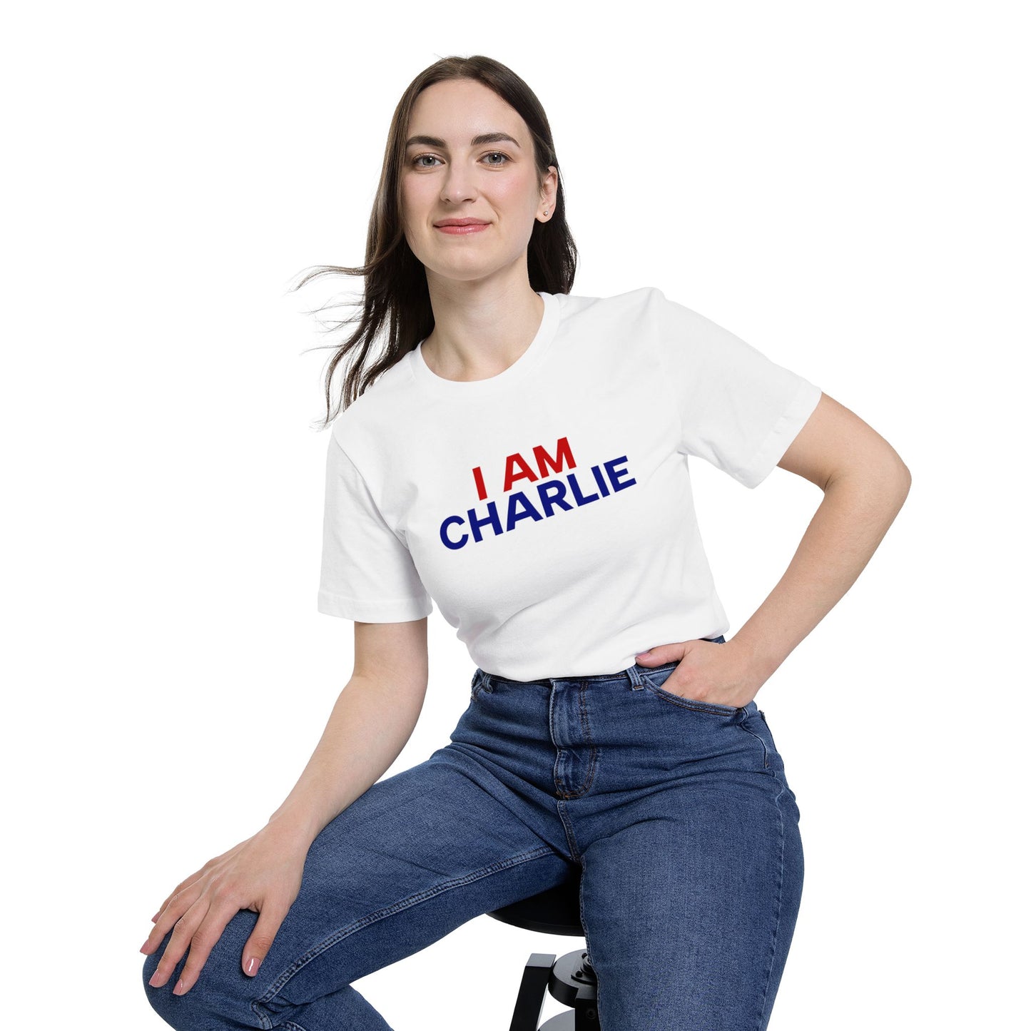Made In USA I AM CHARLIE White w/ Red & Blue Font Unisex T-Shirt