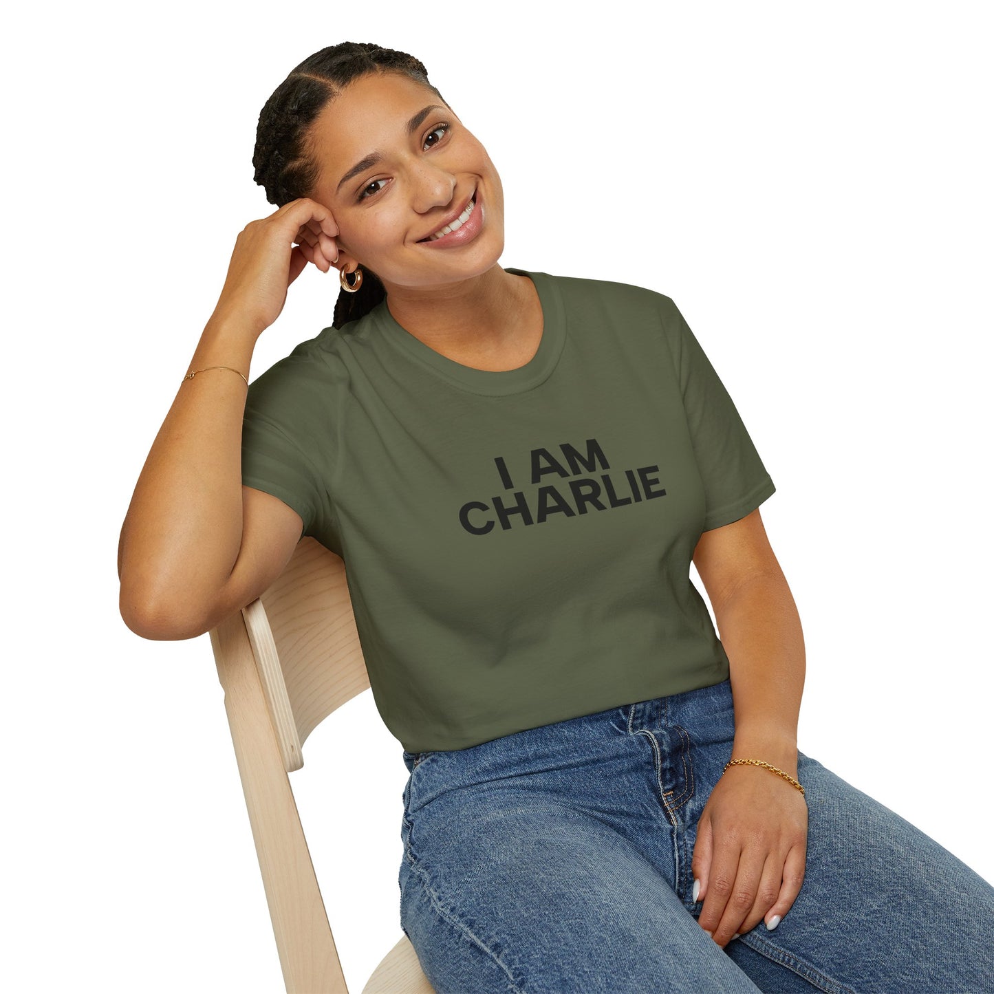 I AM CHARLIE Black Font Unisex Softstyle T-Shirt