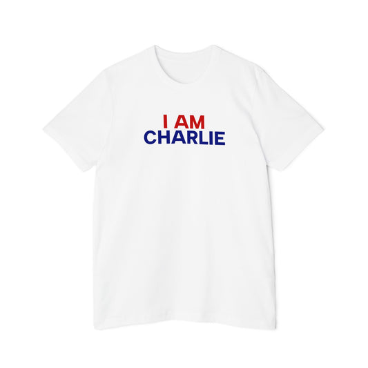 Made In USA I AM CHARLIE White w/ Red & Blue Font Unisex T-Shirt