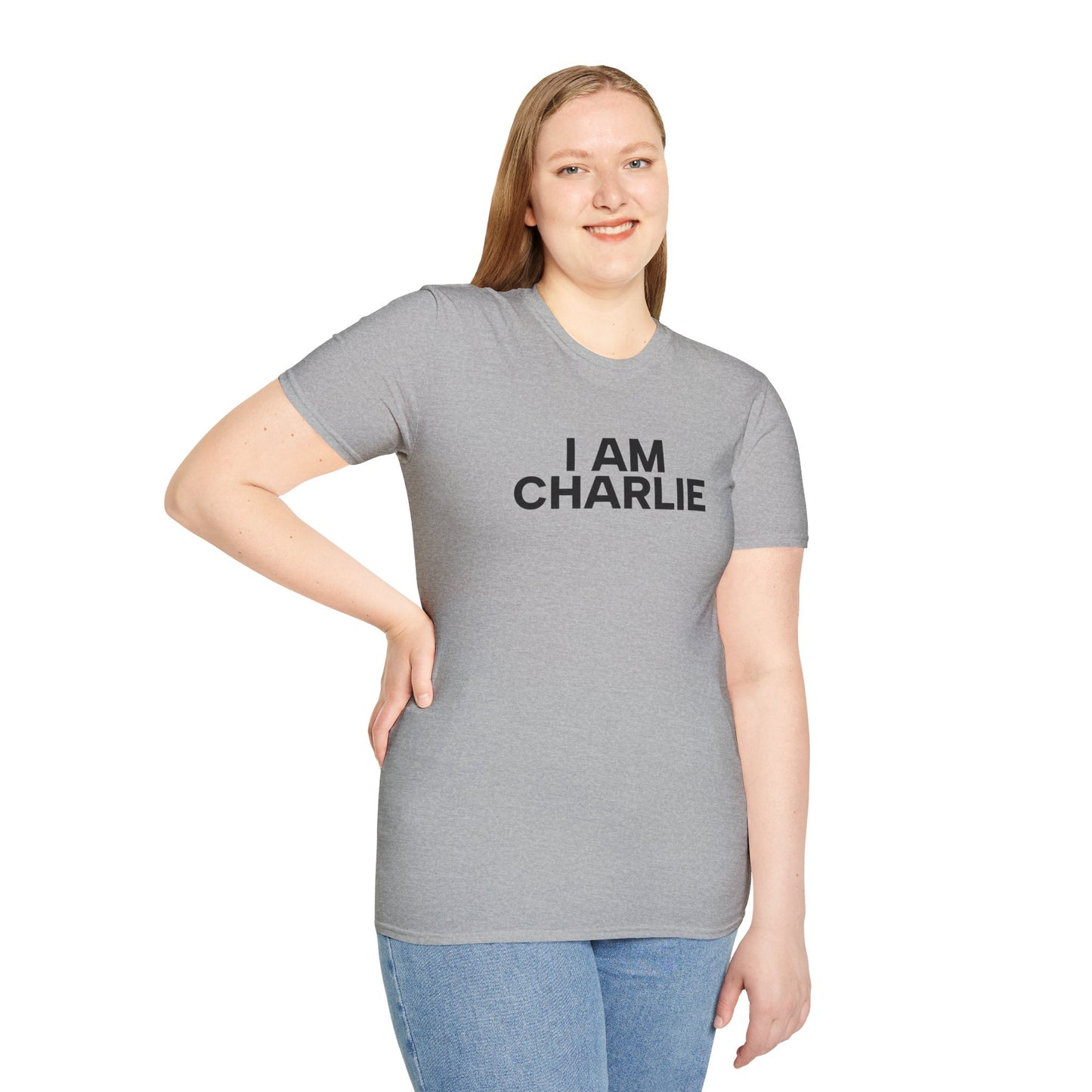 I AM CHARLIE Black Font Unisex Softstyle T-Shirt