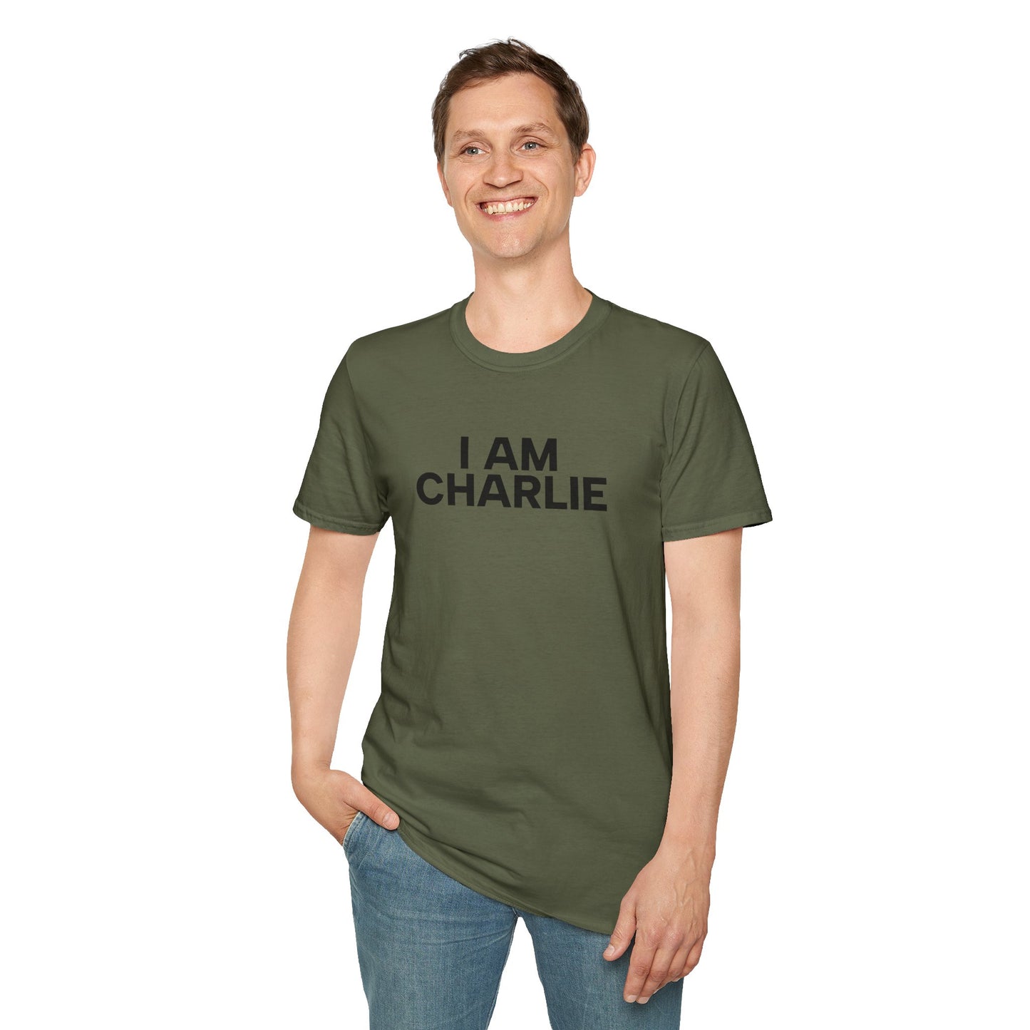 I AM CHARLIE Black Font Unisex Softstyle T-Shirt