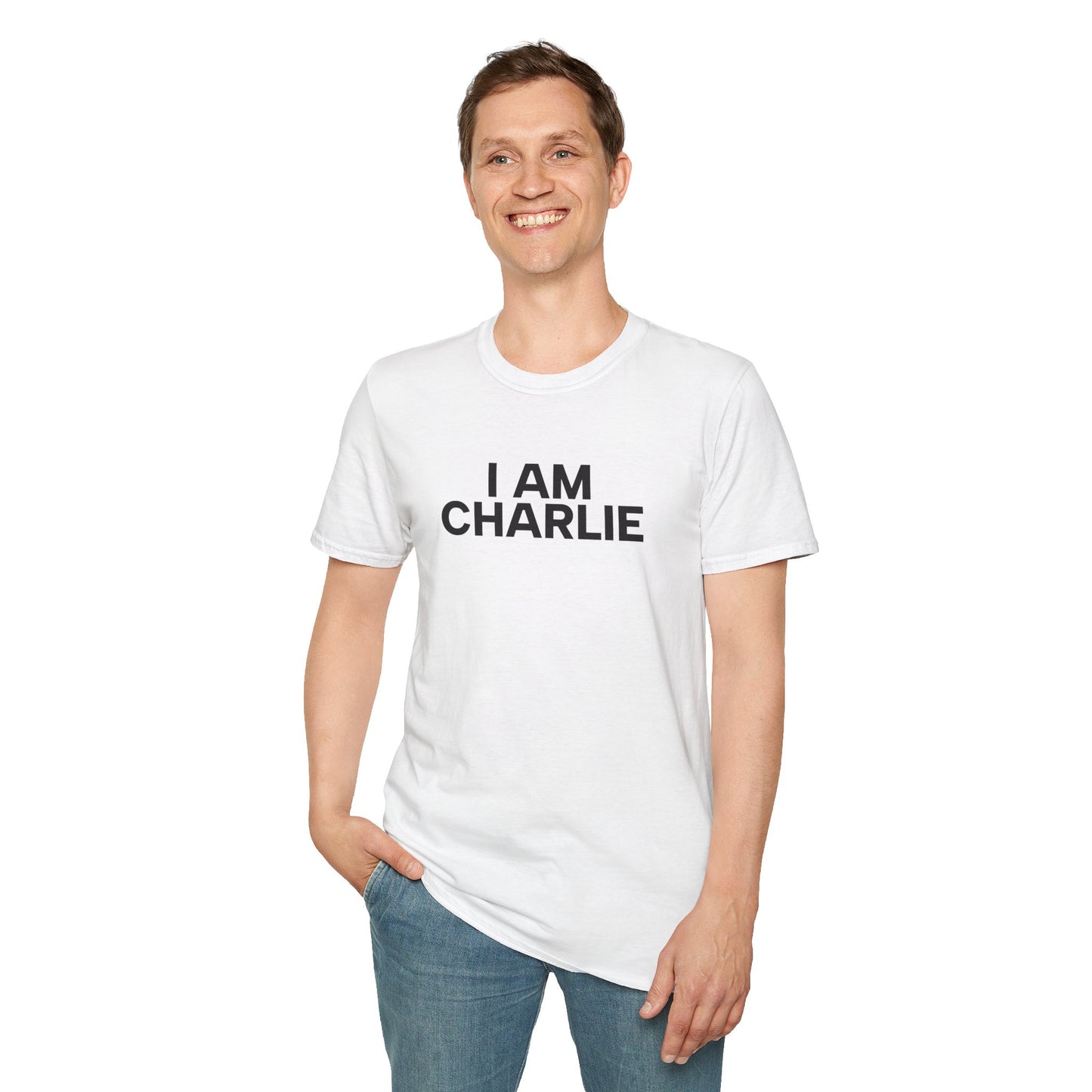 I AM CHARLIE Black Font Unisex Softstyle T-Shirt