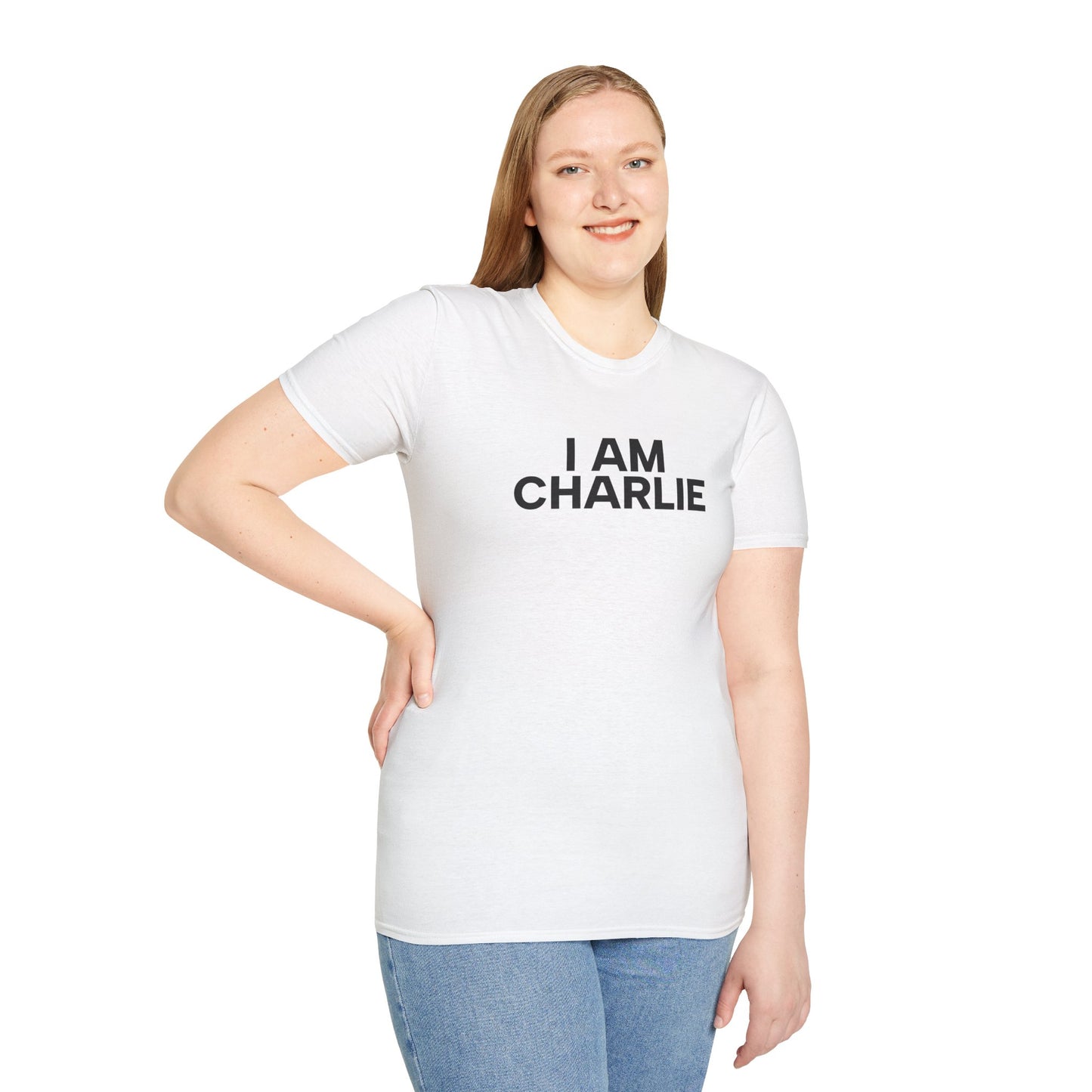 I AM CHARLIE Black Font Unisex Softstyle T-Shirt