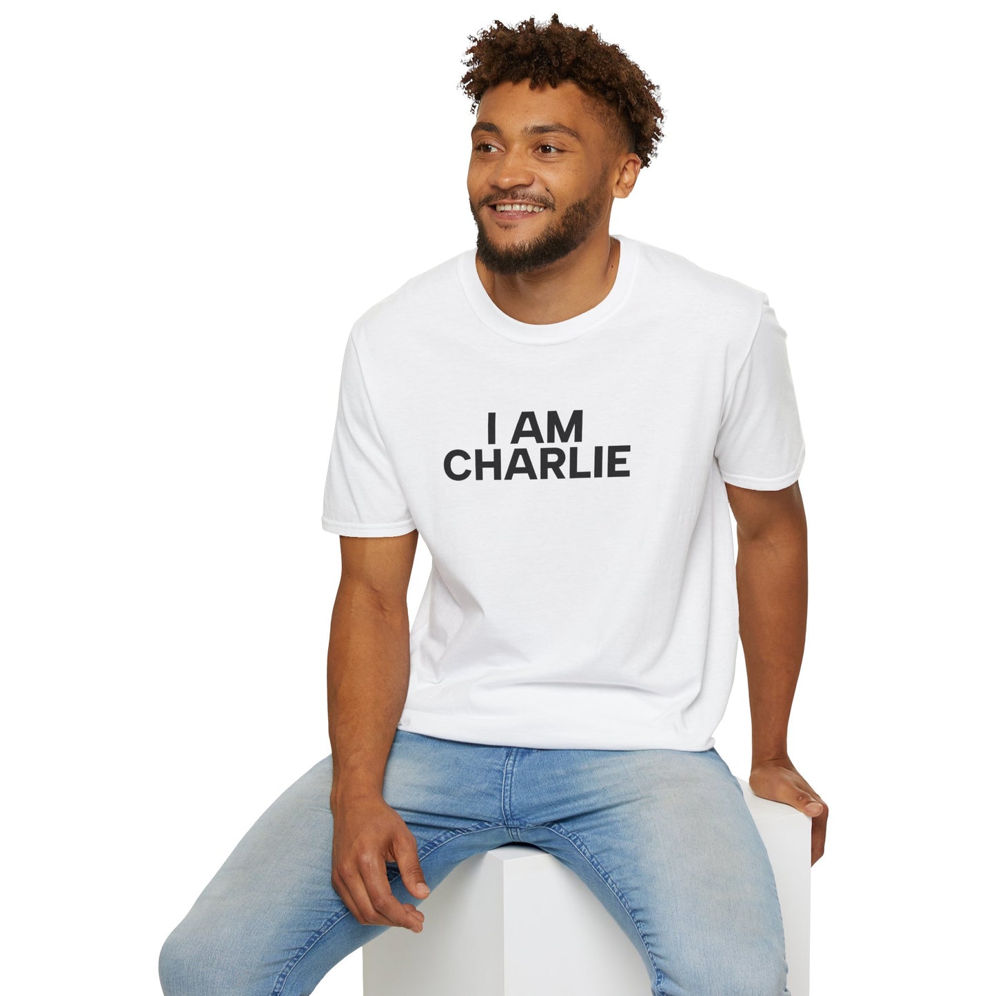 I AM CHARLIE Black Font Unisex Softstyle T-Shirt