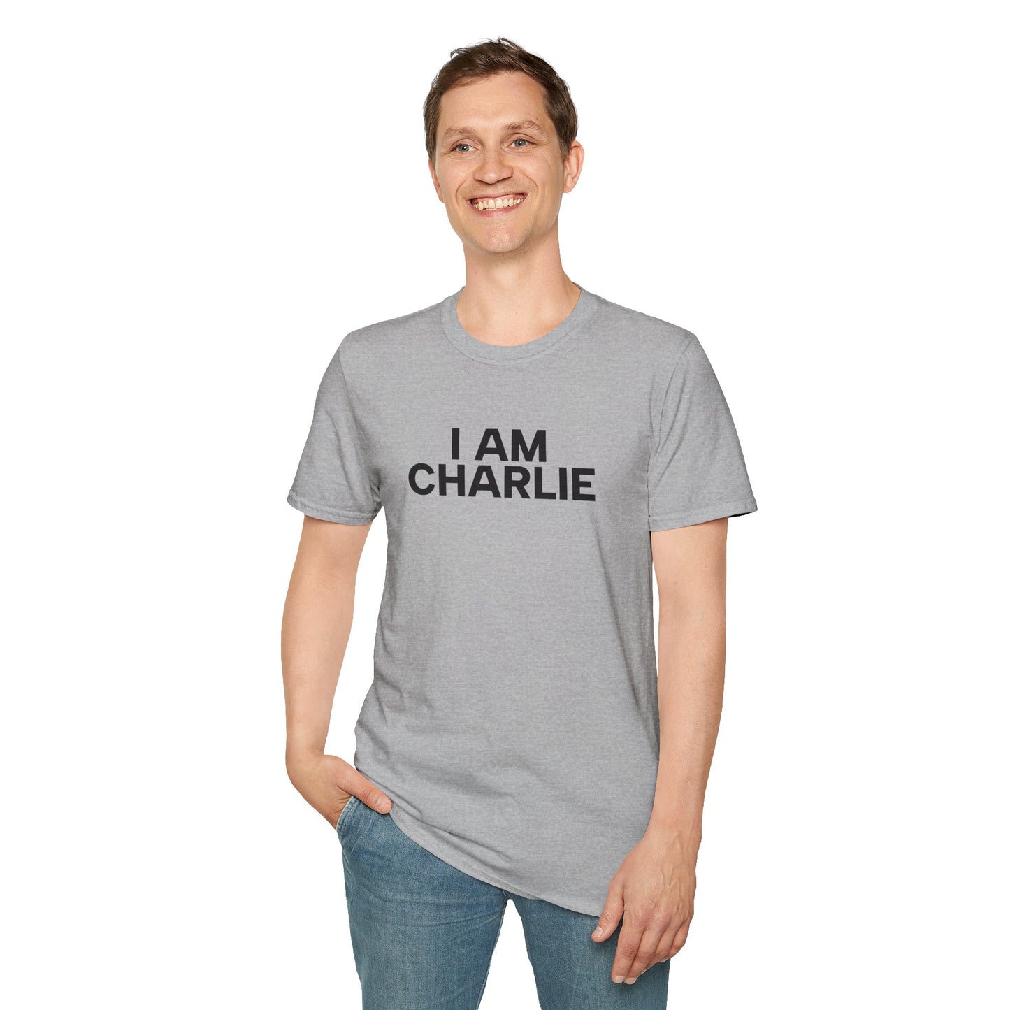 I AM CHARLIE Black Font Unisex Softstyle T-Shirt