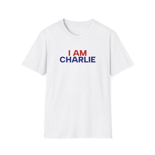 I AM CHARLIE White w/ Red & Blue Unisex Softstyle T-Shirt